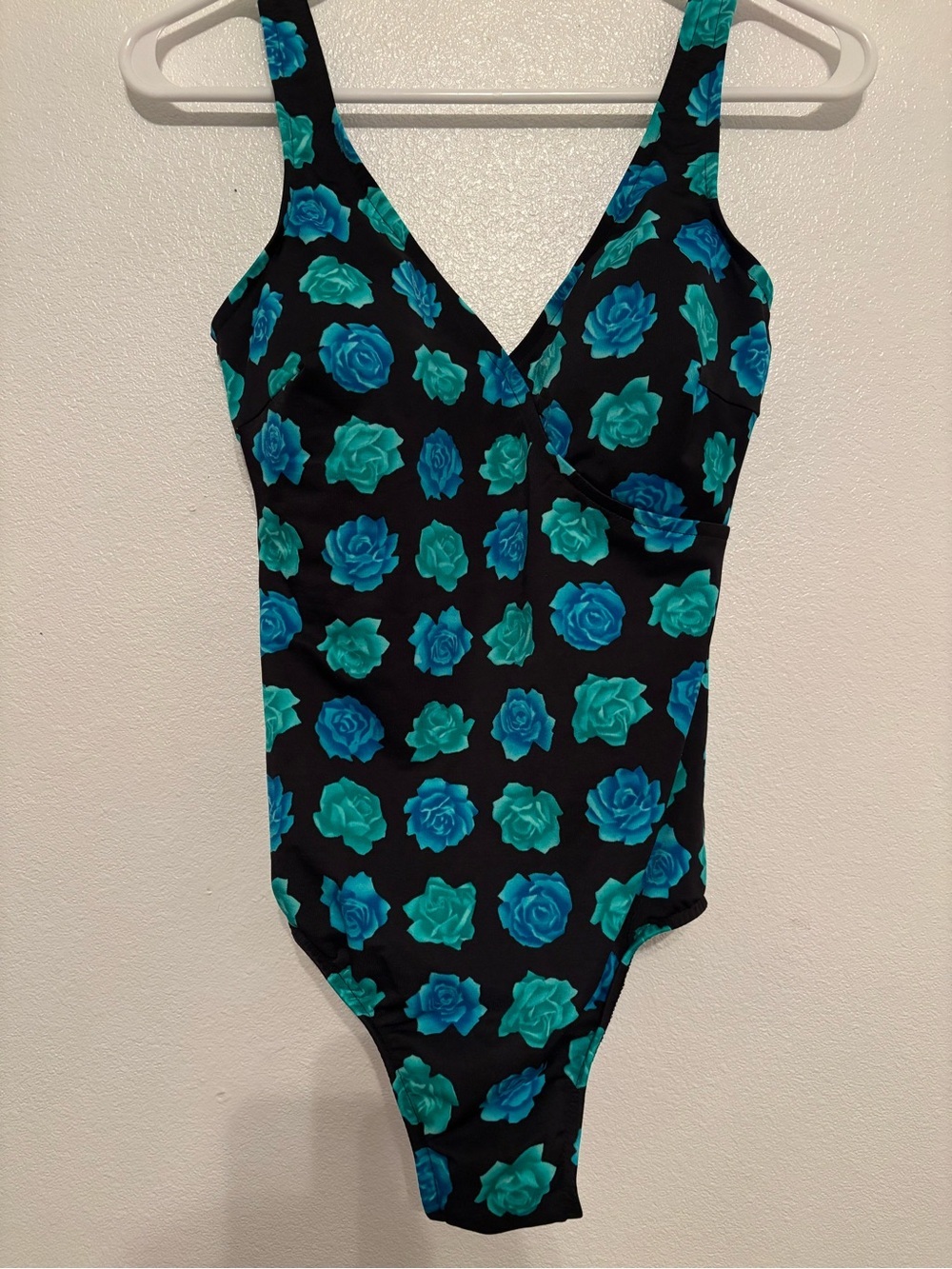 Miraclesuit Black Swimdress with Teal & Aqua Floral Print 8-see measurements